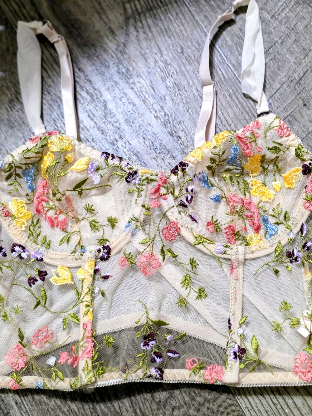 ROMWE Cream Mesh Floral Embroidered Bustier